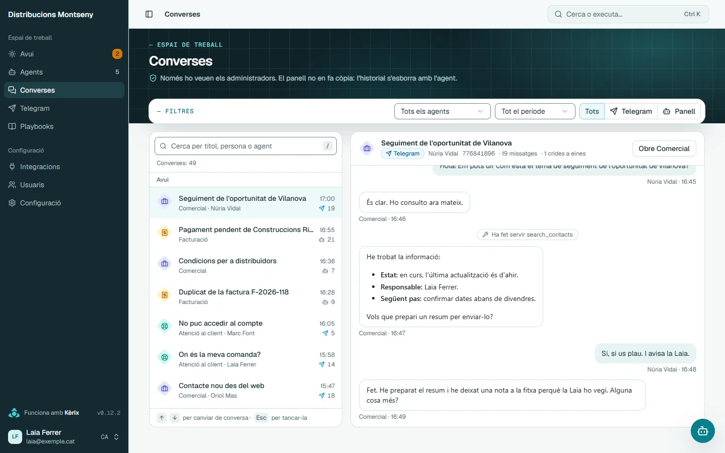 What the team asked the agents, on Telegram or in the panel.
